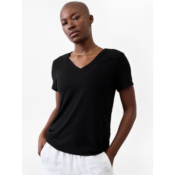 Athleta S Getaway V-Neck Linen Blend Tee Black Small - Picture 4 of 6